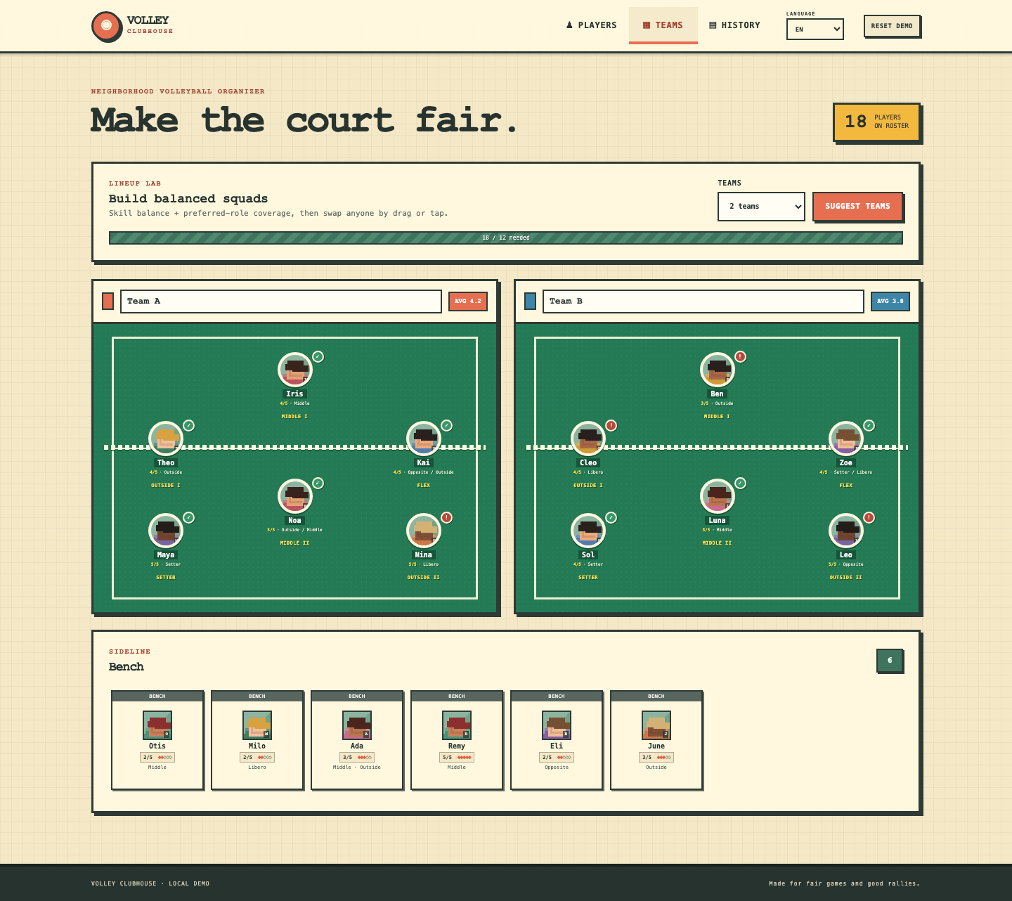 Volley Clubhouse showing two balanced volleyball teams on court diagrams